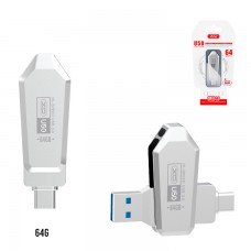 USB Флешка XO U50  2in1 USB 3.0 Type-C 64Gb серебристый
