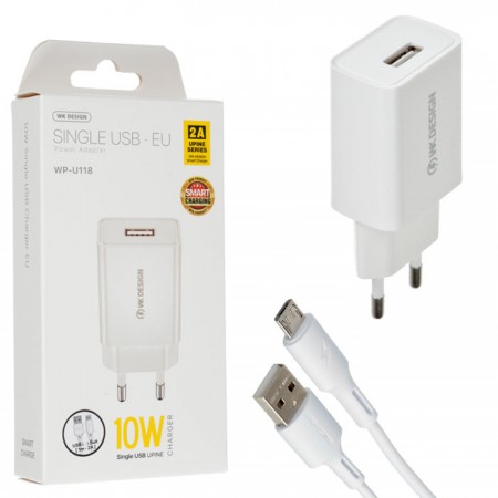 Сетевое зарядное устройство WK WP-U118m 1USB 2A micro USB white