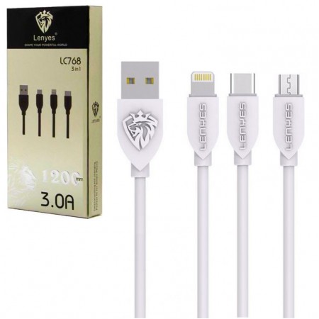 Кабель USB Lenyes LC768 3in1 Lightning, Micro USB, Type-C 1m белый