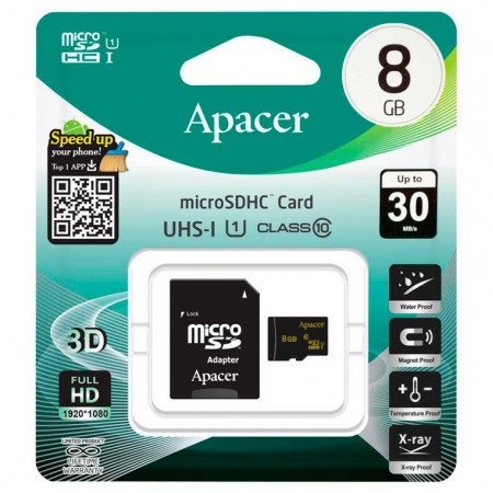 Карта памяти micro SD Apacer 8Gb class 10 + SD adapter
