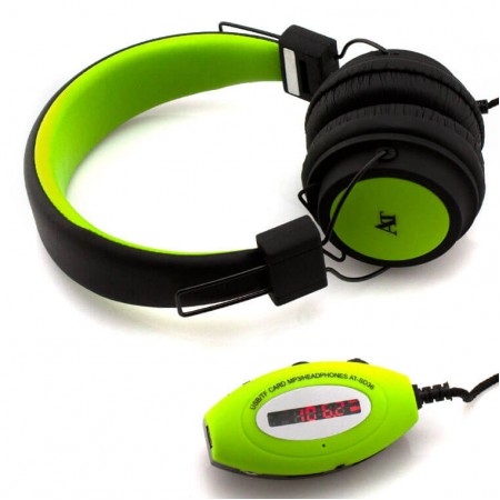 Наушники с микрофоном MP3 FM дисплей AT-SD36 салатовые
